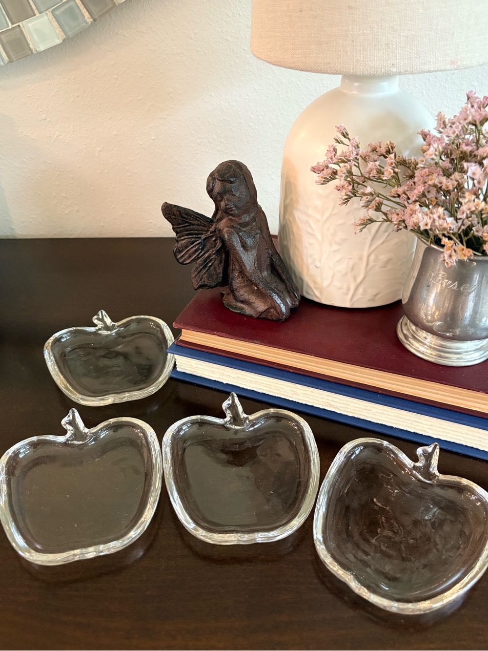 Vintage Hazel Atlas Glass Apple Coasters Set Of 4 MCM Fruit Shaped Trinket Dish